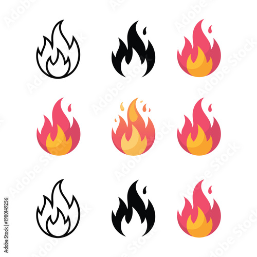 Flame icons set, multicolor fire collection, festival torch parade, barbecue party poster, safety workshop, emergency preparedness session, vector clipart design