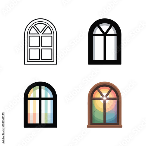 Arched window icons set, classic home frames, interior renovation banner, cottage makeover guide, vintage house decor, vector graphic design