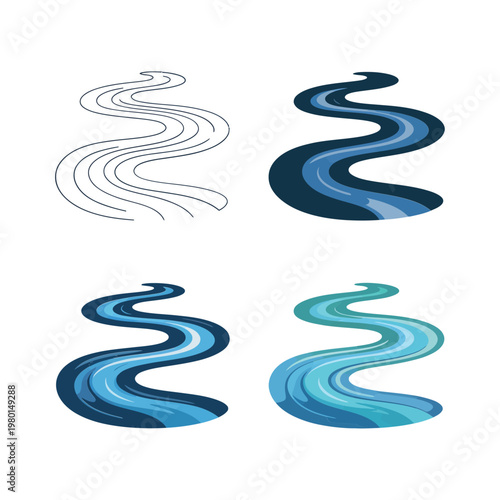 River path icons set, meandering stream collection, outdoor adventure banner, kayak race event, trail map graphic, vector graphic asset