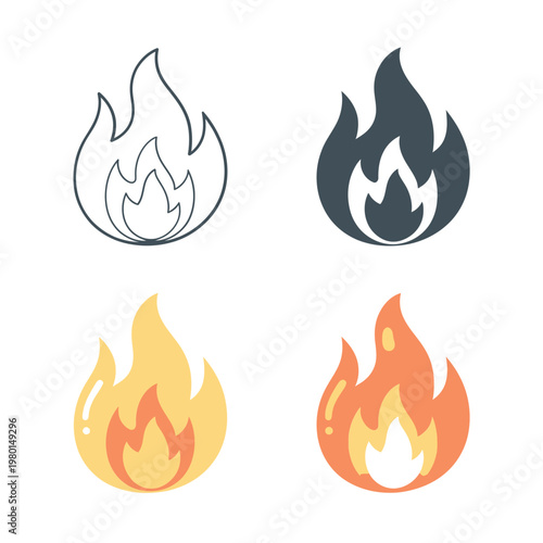 Fire icons collection, gradient flame set, heat energy symbols, fireplace night party, safety drill session, emergency signage, vector graphic asset