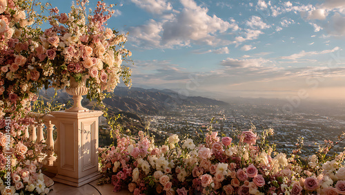 Abundant romantic floral arrangements framing a scenic city view at sunset, suitable for wedding ceremonies, event decor and luxurious lifestyle content