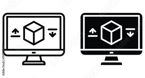 Computer monitor screen showing three dimensional cube icon with upload and download arrows for digital asset management and software interface design