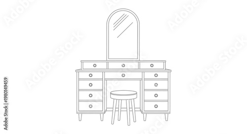 A simple line drawing depicts a classic vanity table with a mirror and accompanying stool