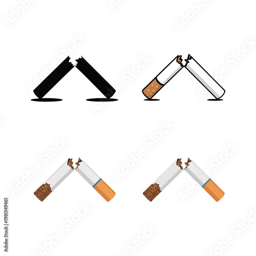 Broken cigarette icons showing snapped filter tips, stop smoking concept for addiction recovery, health education posters, world no tobacco day