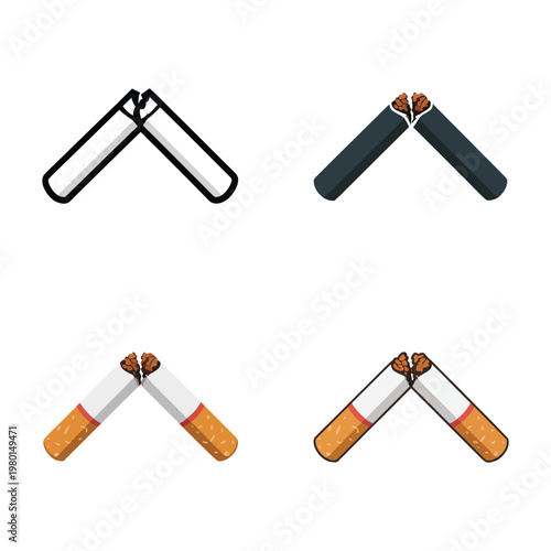 Minimal broken cigarette icons in monochrome and color, anti smoking graphics for social media, posters, healthcare campaigns, school programs resources