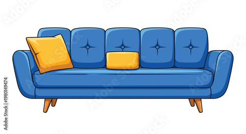 A brightly colored cartoon style blue sofa features two contrasting yellow accent pillows for a playful look