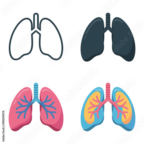 Lung anatomy icons with bronchi details, respiratory care graphics for asthma education, pulmonology clinic, health classes, hospital awareness campaigns materials