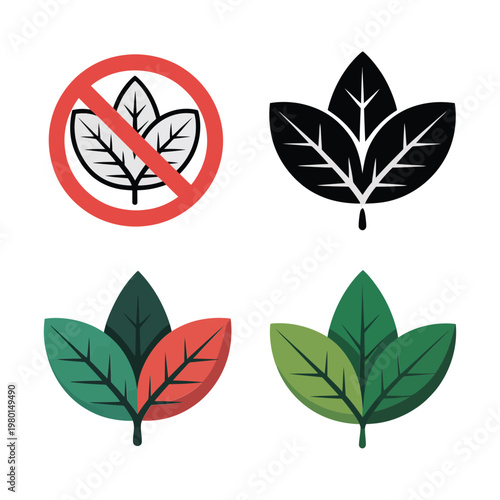 Leaf collection icons, prohibition sign, green foliage symbol pack, organic product label, garden festival banner, eco awareness program, vector