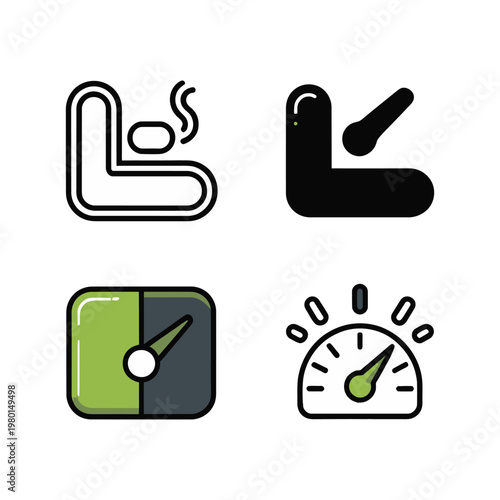 Smoking area seat icon with gauge meter, lounge signage pack, health awareness notice, airport facility map, public space regulation vector