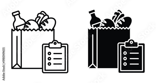 grocery shopping bag with bread and bottle next to a checklist clipboard icon set for retail delivery and food planning