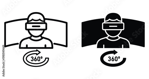 Virtual reality headset icon set featuring person wearing goggles with three hundred sixty degree rotation arrow and panoramic screen display