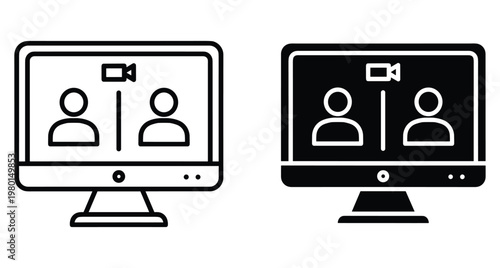 Video conference icon set showing online meeting on computer screen with camera and people symbols for remote work and digital communication