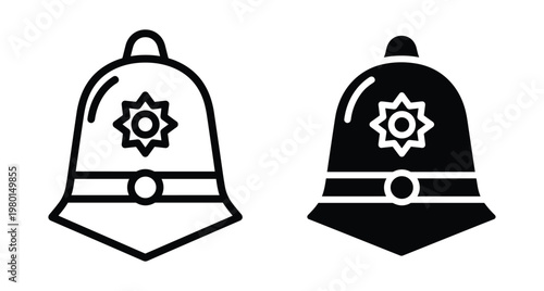 British police custodian helmet icon set featuring traditional bobby hat design with badge in outline and solid black styles