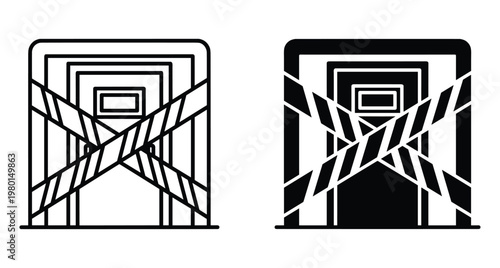 Blocked door entrance icon set with caution tape crossing restricted area for crime scene quarantine warning and safety security symbol