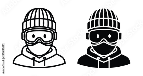 winter sports athlete icon set featuring skier or snowboarder wearing beanie goggles and face mask in line and solid style