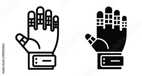 Haptic glove icon set for virtual reality gaming and motion tracking technology featuring wearable electronic sensors for immersive digital interaction experiences