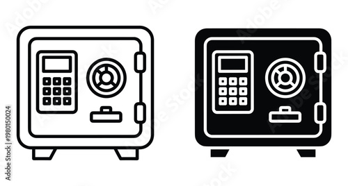 Digital safe box icons with keypad and dial lock for security and protection of money and valuable assets in bank