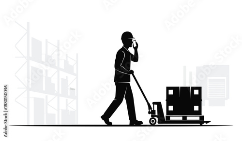 A worker in a cap and suit is pushing a pallet jack while talking on a mobile phone a warehouse background silhouette high quality