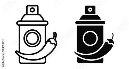 Pepper spray icon set featuring outline and solid black versions with chili pepper symbol for self defense and personal safety