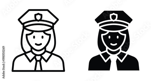 Female police officer icon set featuring woman in law enforcement uniform with peaked cap and badge in outline and solid styles