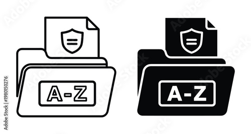 Secure document folder icon set with alphabetical filing system and shield protection symbol for data privacy and organized storage management