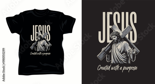 Jesus created with a purpose t shirt design featuring savior carrying wooden cross.