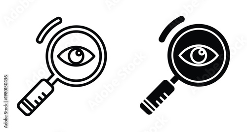 Magnifying glass with eye icon set for search observation vision inspection discovery analysis research focus zoom look find see view