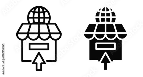 Online store icon set featuring global shop storefront with world globe and arrow pointing up for digital commerce business