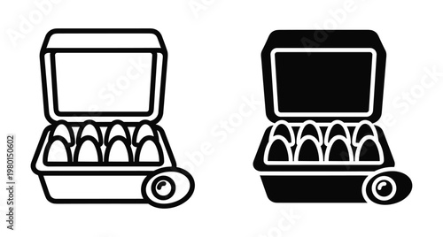 Egg carton icon set with open box containing fresh eggs and single egg beside it for grocery and cooking design