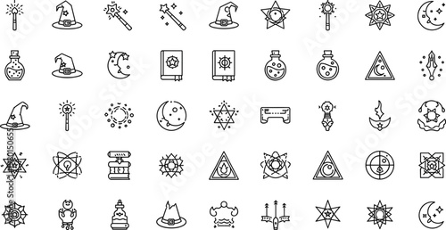 Magic symbols and occult outline icon set with alchemy signs mystical elements wizard hat potions and esoteric design symbols