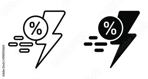 Fast flash sale discount icon set with lightning bolt and percentage symbol for quick shopping promotions and limited time offers