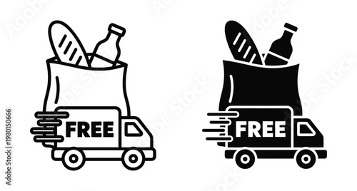 Free grocery delivery truck icon set with paper bag containing bread and bottle for online shopping and fast shipping service