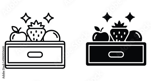 Fruit box icon set featuring apple strawberry and orange in wooden crate for grocery delivery healthy food storage and market