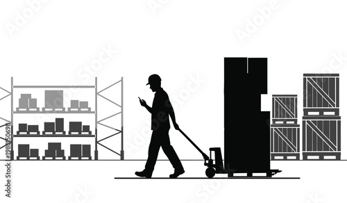 A worker is depicted in profile pushing a pallet jack through a warehouse setting with stacked boxes creating a striking silhouette high quality professional