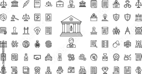 Law and justice legal service line icon set featuring courthouse lawyer contract minimal outline vector collection