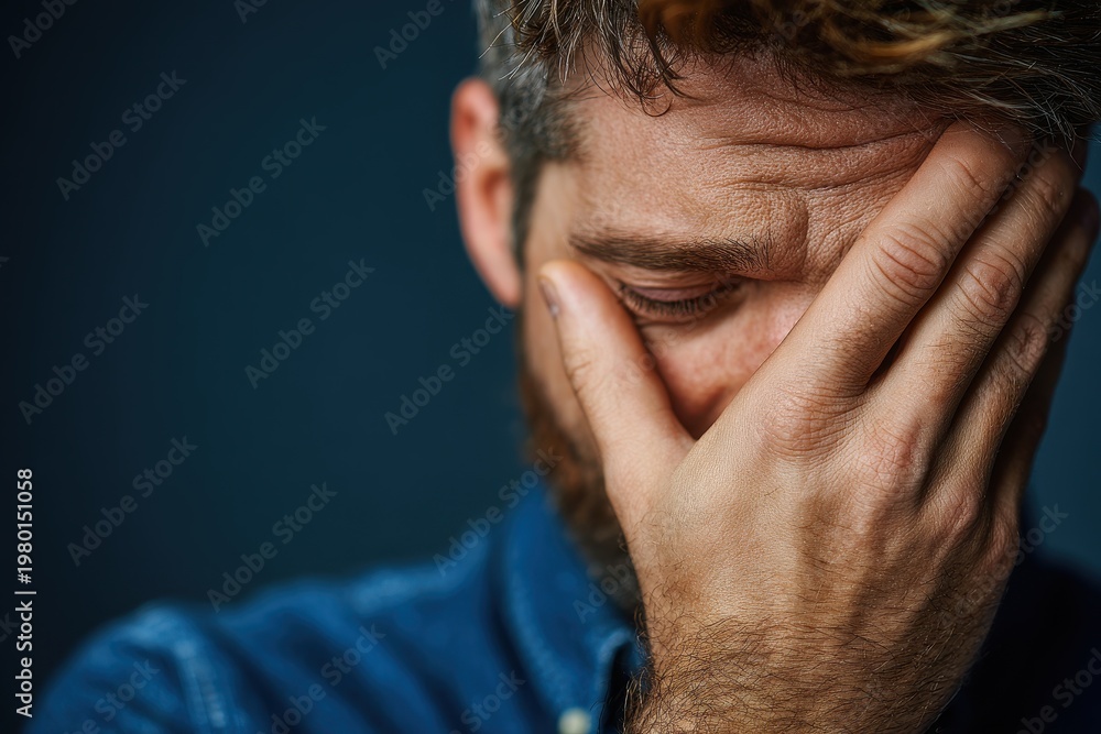 Fototapeta premium Intense close-up of a stressed man in a blue shirt with a hand covering part of his face