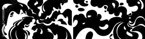 A set of two vector abstract backgrounds in black and white. An unusual winding silhouette. A hand-drawn illustration for design and decoration. A graphic element of an explosion with flying fragments
