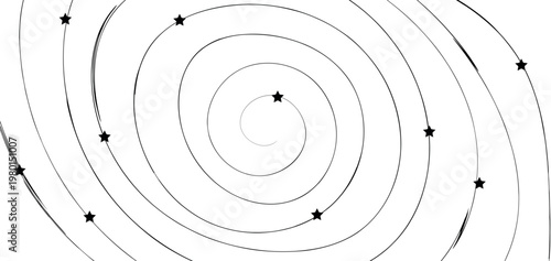 Abstract spiral with stars in hand-drawn sketch style. Vector illustration of Bohr's atom model or galaxy vortex with black stars on white background for science project, space theme design and educat