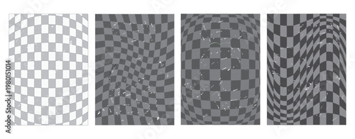 Distorted checkered backgrounds set with grunge texture. Vector collection of warped chessboard patterns with fisheye and wave effects for Y2K style posters, techno music covers and urban streetwear d