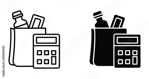Grocery shopping budget icon set featuring paper bag with food items and calculator for cost estimation and financial planning expenses