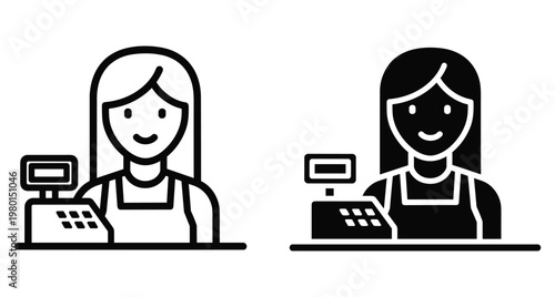 Female cashier icon set featuring a woman working at a retail store counter with a cash register in line and solid styles