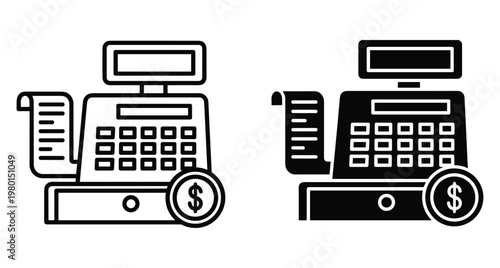 Cash register icon set with receipt and dollar coin for retail business payment processing checkout system and financial transaction management