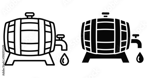 Wooden beer barrel icon set with tap and liquid drop for brewery wine cellar whiskey storage alcohol beverage production symbol