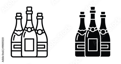 Champagne bottle icons set featuring line and solid styles for celebration party events wine glass alcohol drink beverage graphic design