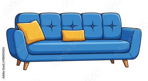 A cartoon illustration of a blue sofa with three back cushions and two yellow pillows
