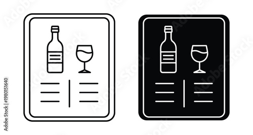 Wine menu icon set with bottle and glass symbols for restaurant bar cafe beverage list design elements graphic illustration