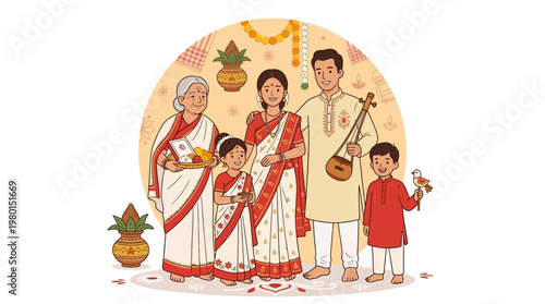 A family celebrates Pohela Boishakh in traditional Indian attire in India.