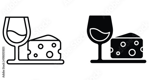 Wine glass and cheese wedge icon set in outline and solid black styles for restaurant menu design and food branding