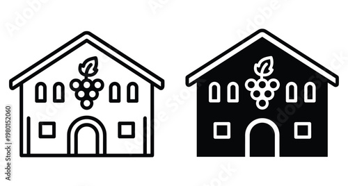 Winery building icon set featuring a vineyard house with grape bunch symbol in line and solid black glyph style designs