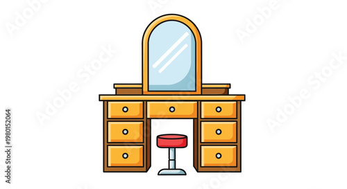 A colorful cartoon illustration depicts a classic vanity table with a mirror and stool